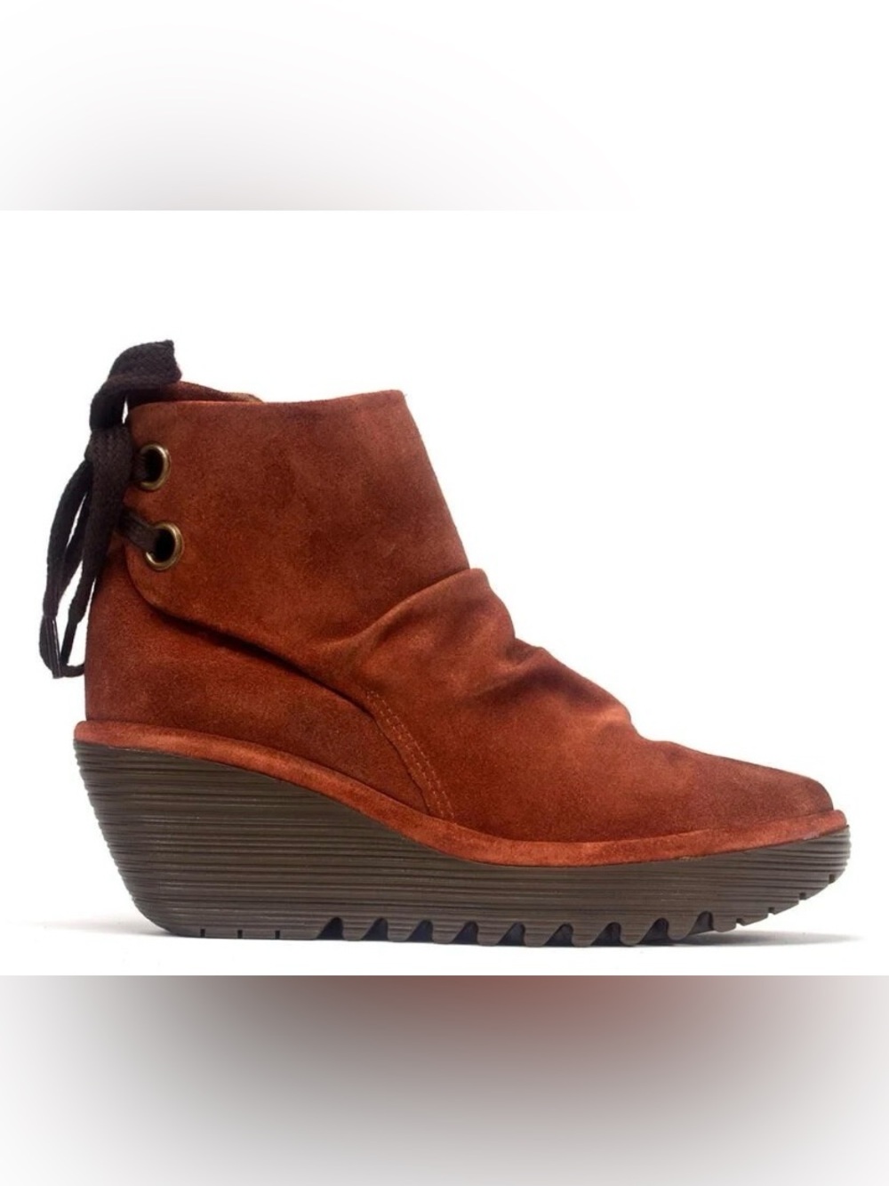 Fly London Yama ruched suede lace up ankle boots in rust - Picture 2 of 11